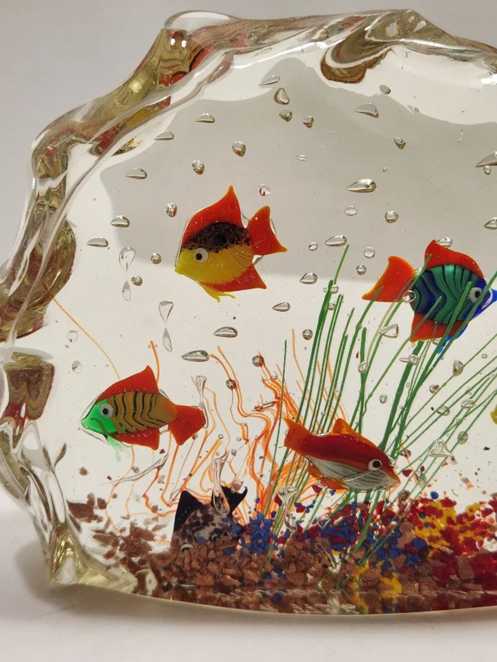 Vintage Signed Murano Glass Aquarium 6-Fish Sculpture Wave Molded Label #7726